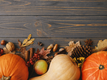 Flat Lay of pumpkin, squash, pine cone, leaves. Elements of Autumn.
